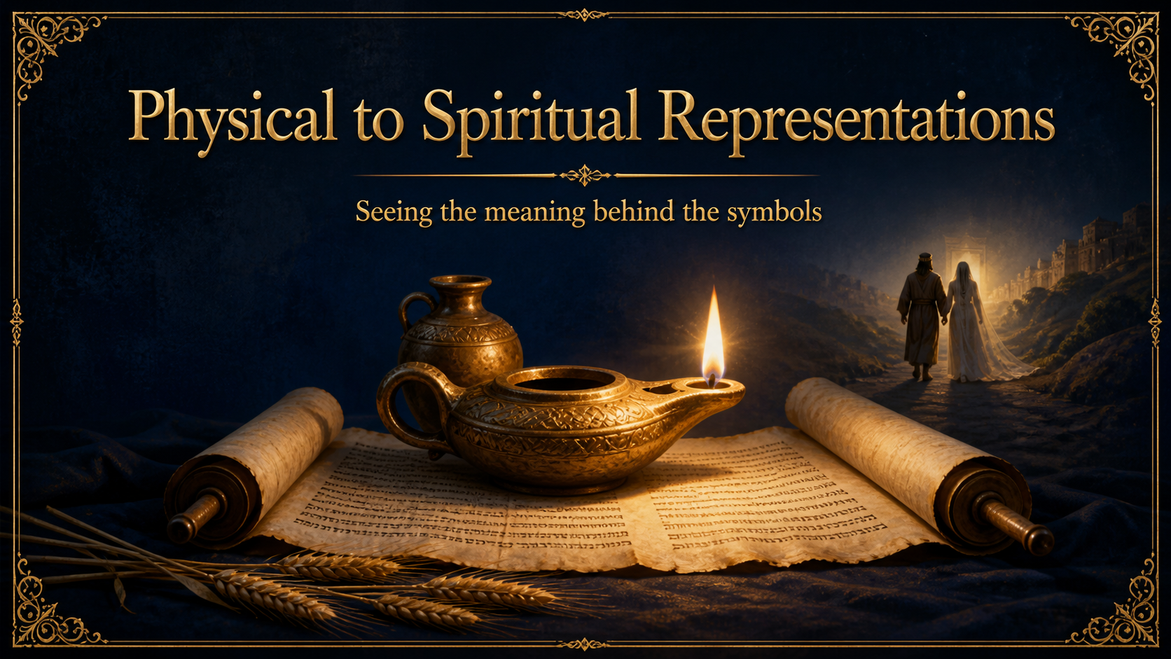 Physical to Spiritual Representations: oil lamp, Scripture scroll, wheat, and a bridal pair