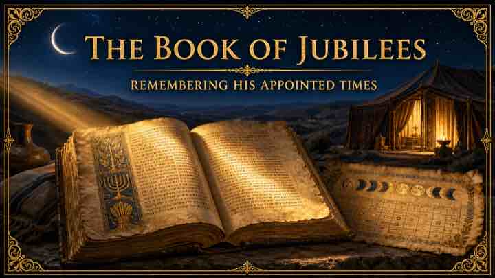 The Book of Jubilees cover with an ancient book, moon cycle, sanctuary and appointed times.