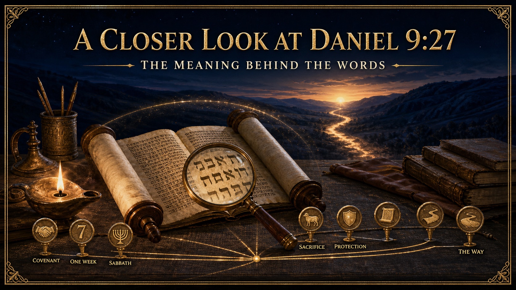 Daniel 9:27 Scripture study with ancient letter forms, seven markers, and an illuminated path