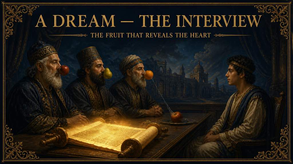 A symbolic interview scene with fruit falling away from faces, revealing the heart.
