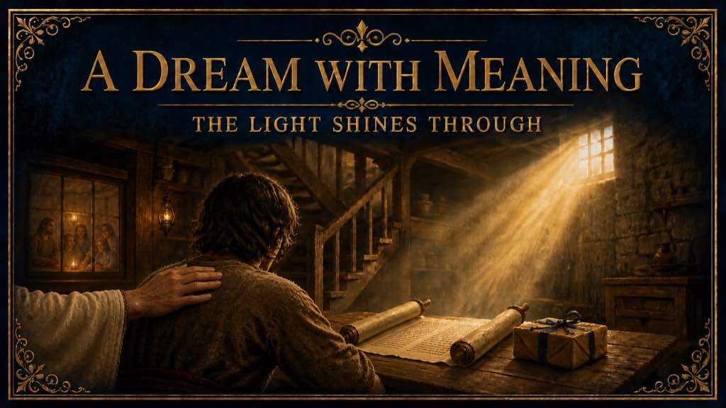 A loving hand, diners behind glass, Scripture and heavenly light in a symbolic dream.