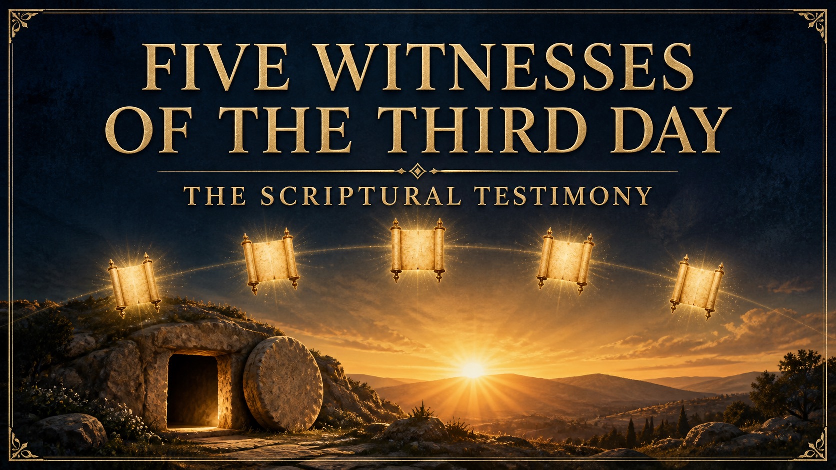 Empty tomb at dawn beneath five Scriptural witnesses.