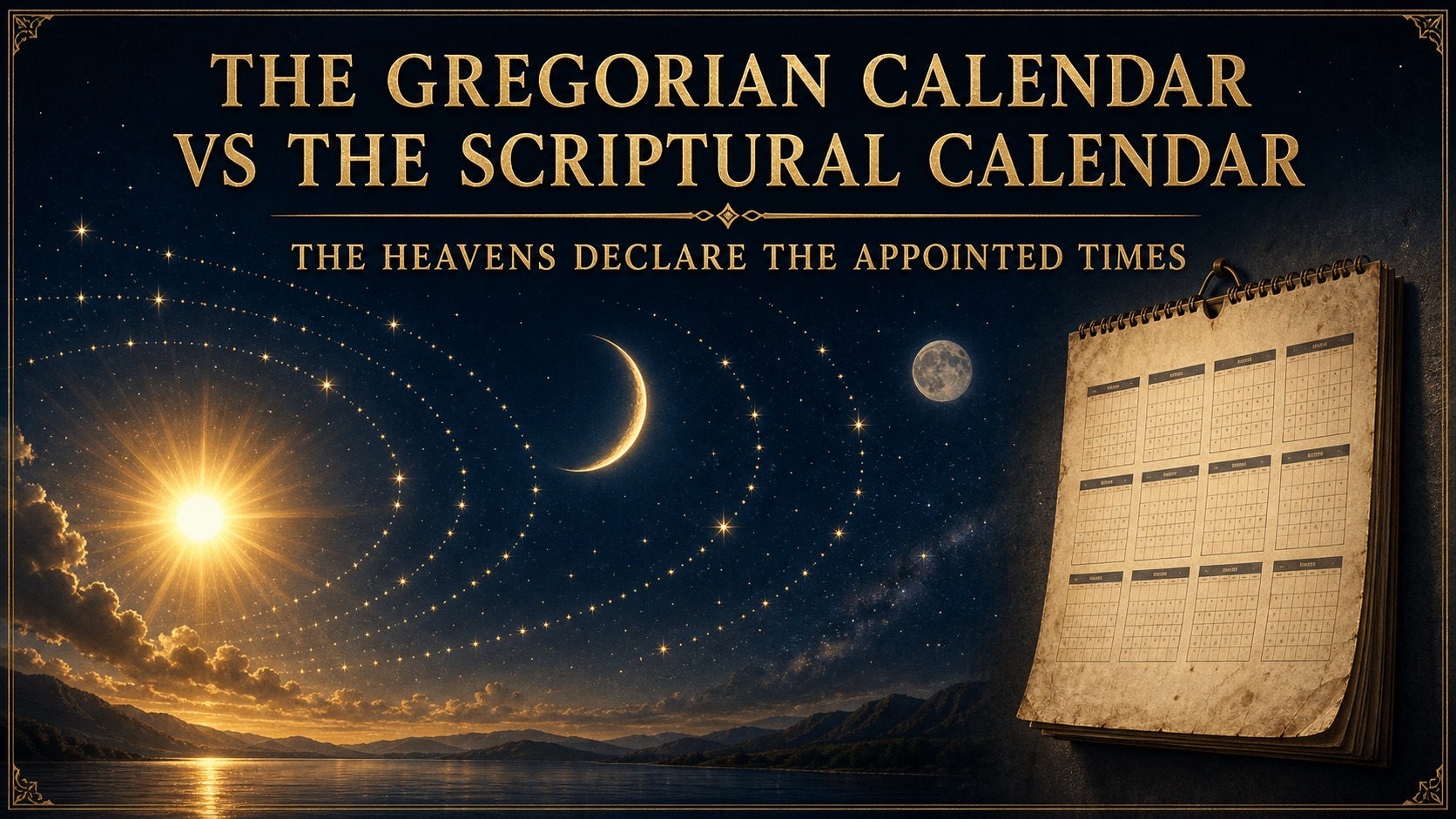 Sun, moon, stars and a Gregorian paper calendar.