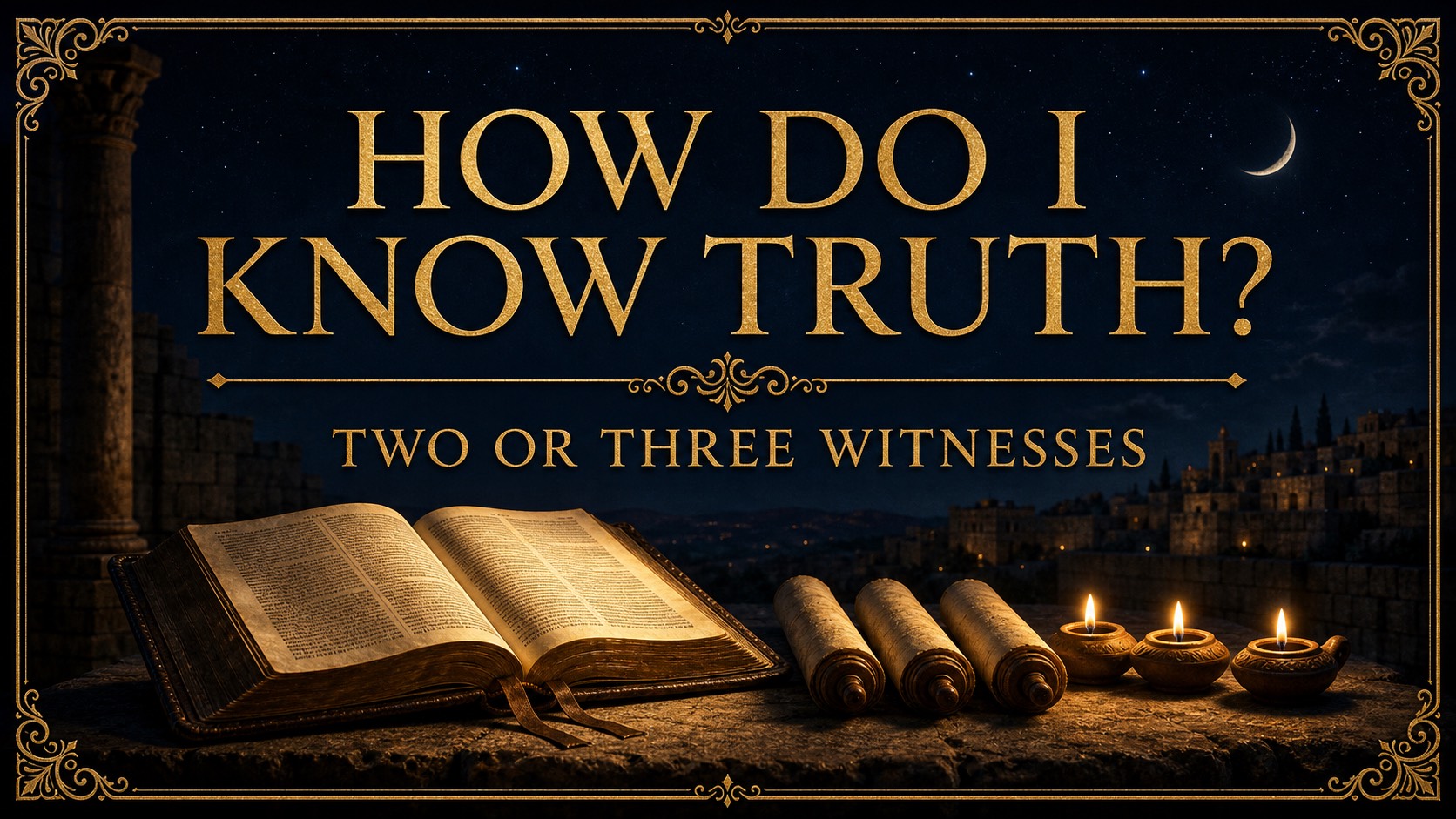 Open Bible with three Scripture witnesses and lamps