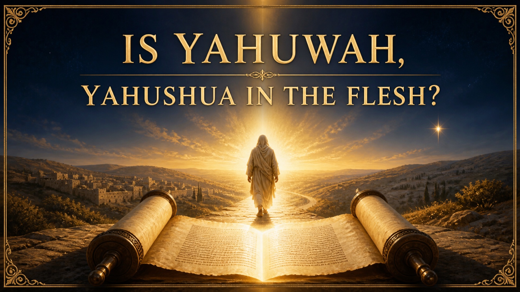 Is Yahuwah, Yahushua in the flesh?, with the Word illuminated and a robed figure walking in heavenly light