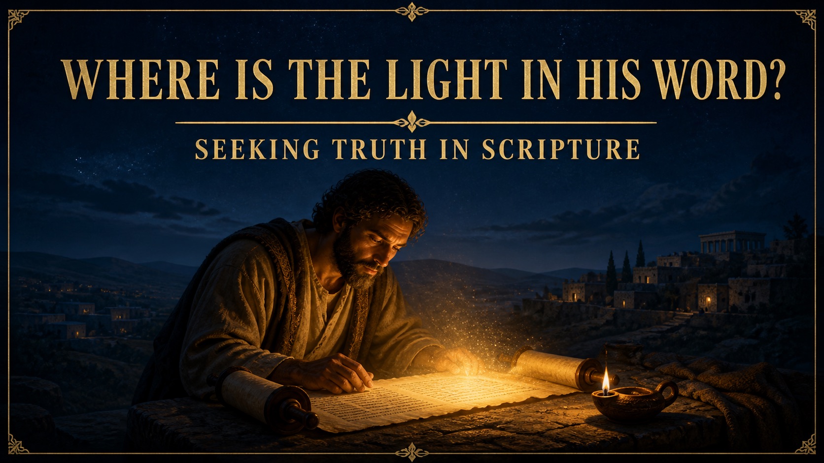 Illuminated Scripture scroll and oil lamp at night.