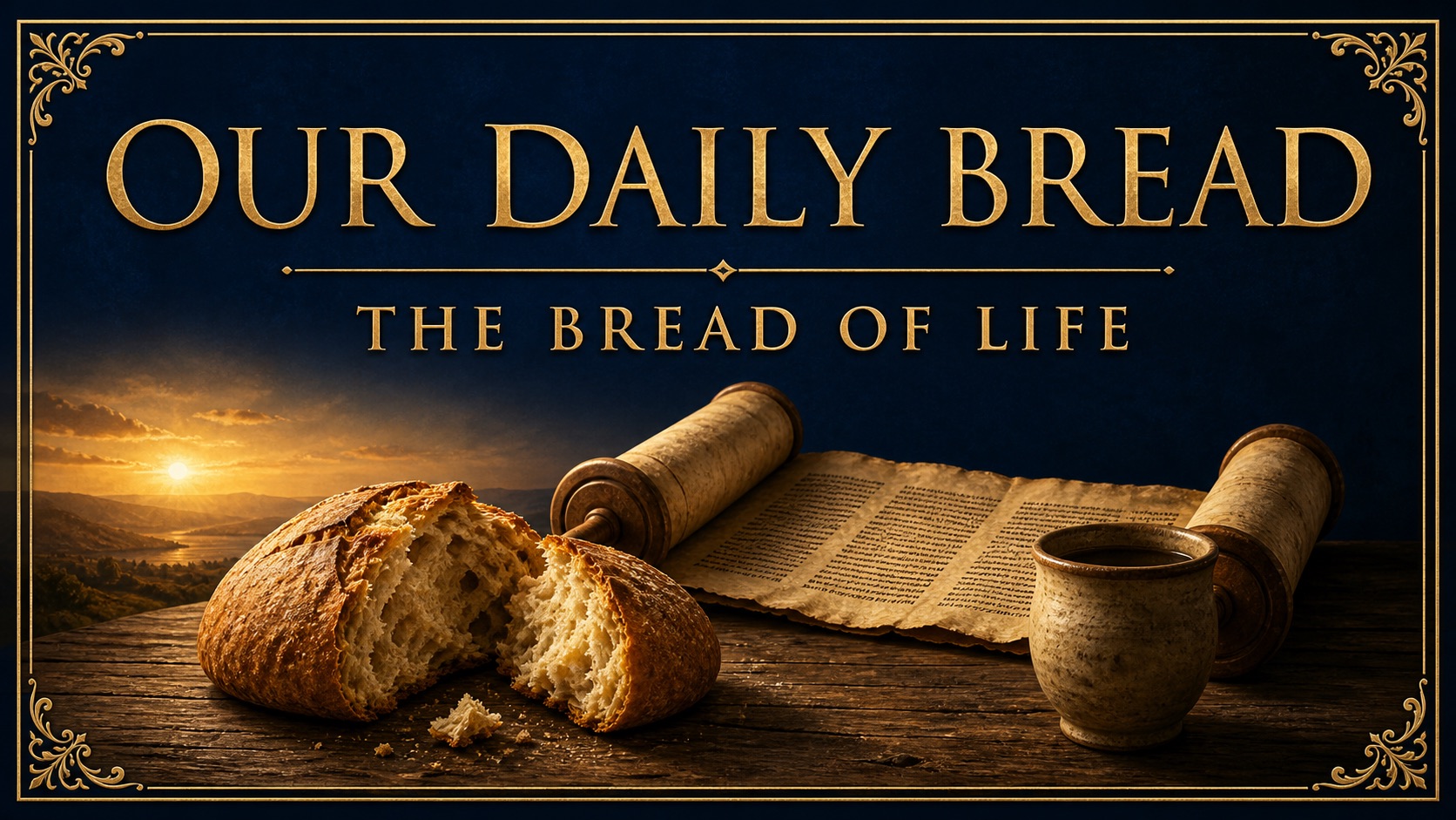 Fresh bread, an open Scripture scroll and a cup in golden morning light, framed in navy and gold.