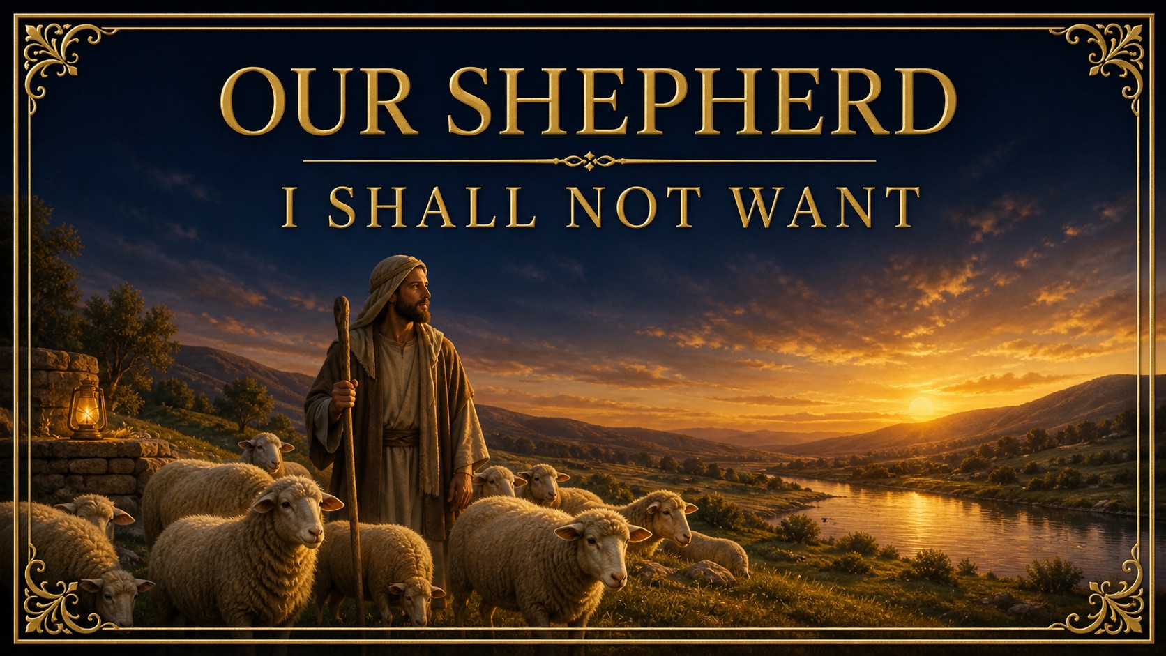 A shepherd with sheep at sunset, framed in navy and gold, titled Our Shepherd — I Shall Not Want.