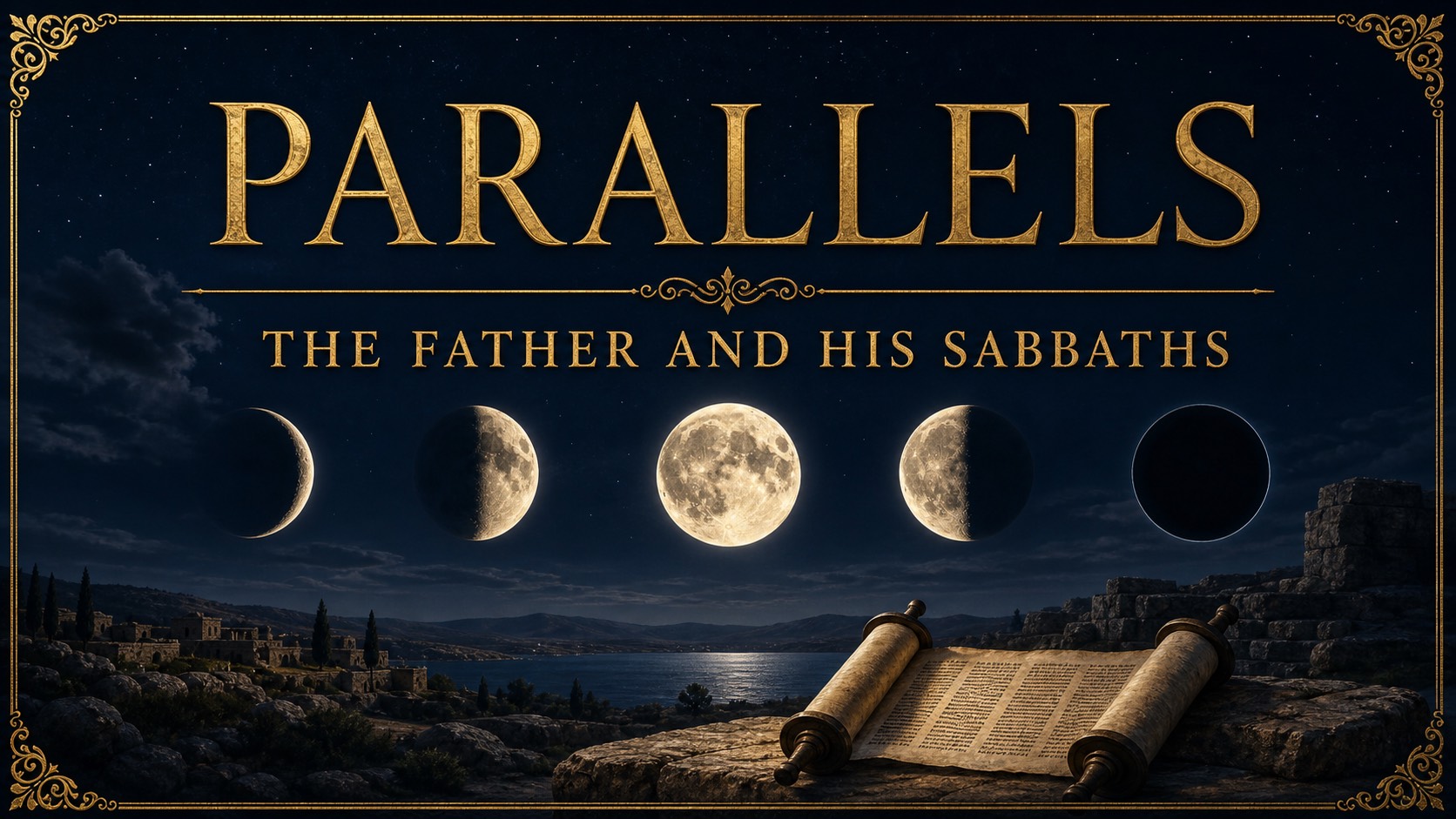 Five moon phases above an open Scripture scroll, illustrating the Father and His Sabbaths