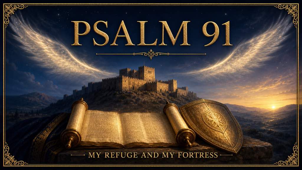 An ancient fortress, Scripture scroll, sheltering wings, and a shield of truth under a night sky.