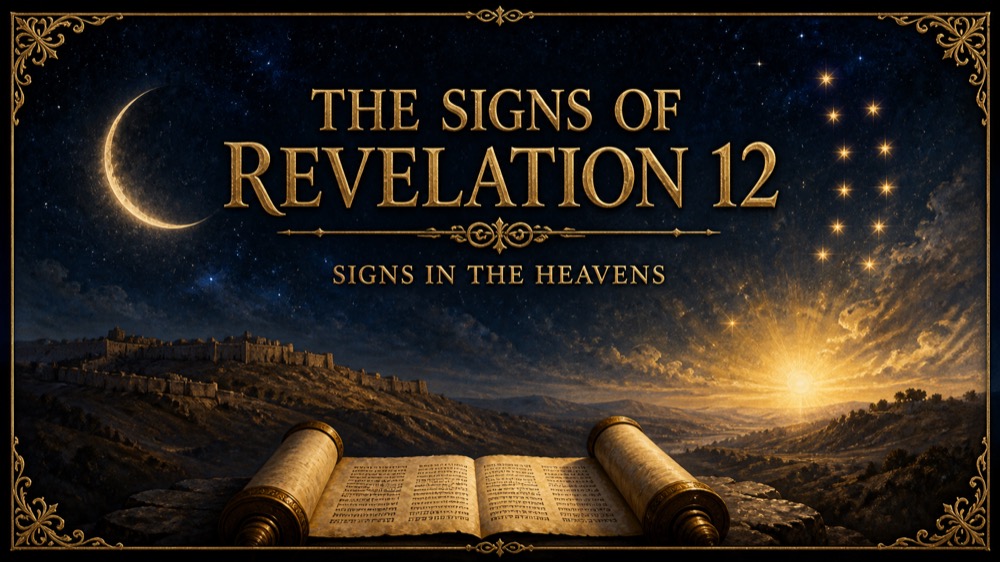Crescent moon, twelve stars, sunrise and Scripture scroll