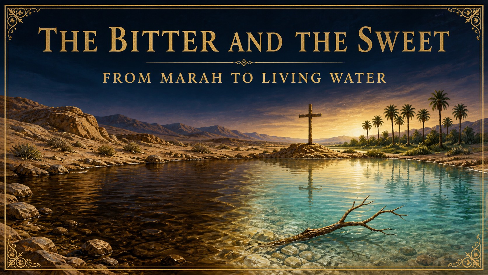 Bitter waters transformed into clear living water, with a tree branch and palm oasis