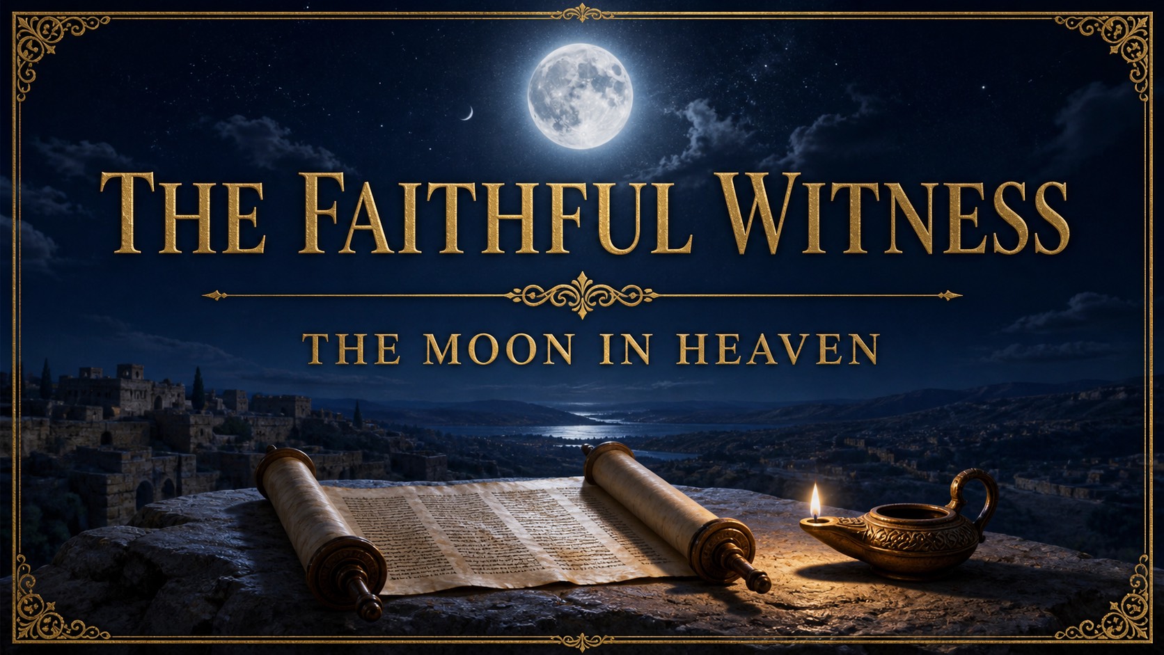 Moon as a faithful witness in heaven above an open Scripture scroll