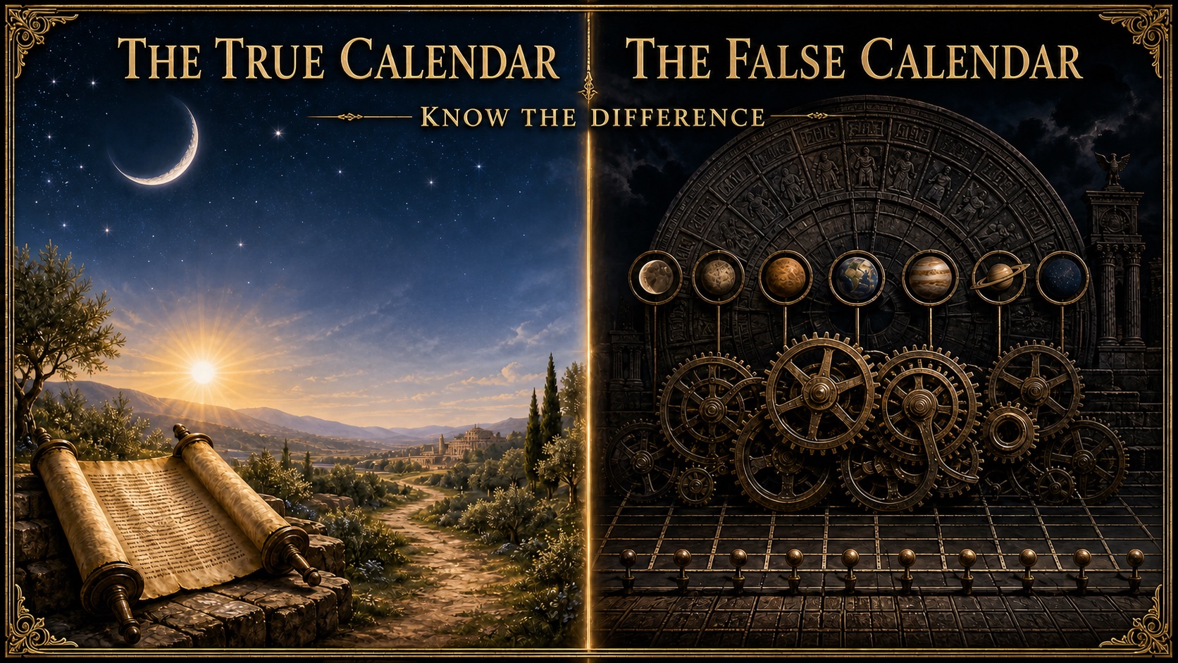 The Scriptural calendar represented by the natural sun, crescent moon, stars and Scripture, contrasted with a mechanical Roman planetary calendar