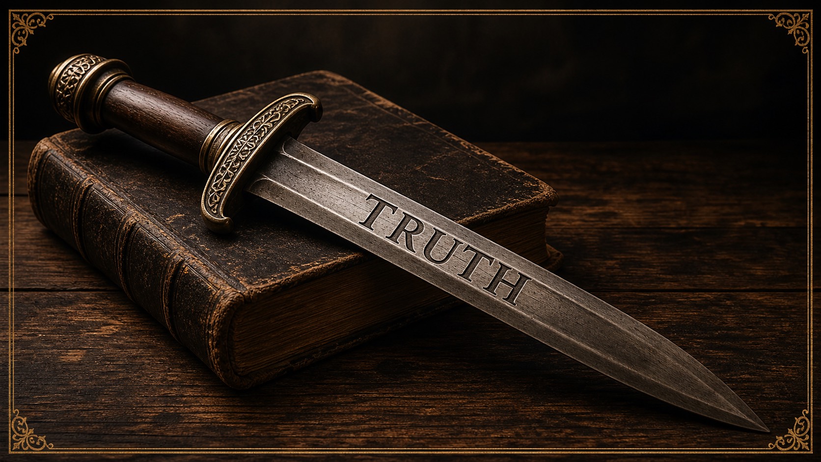 Antique sword inscribed Truth resting on a weathered Bible, framed in gold