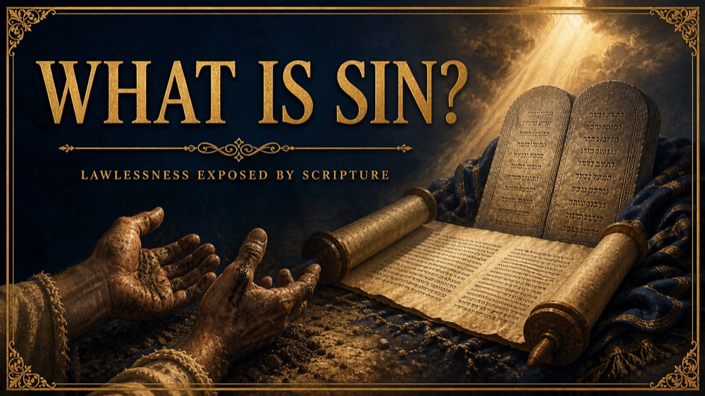 Soiled hands reaching toward Scripture and stone tablets in warm light