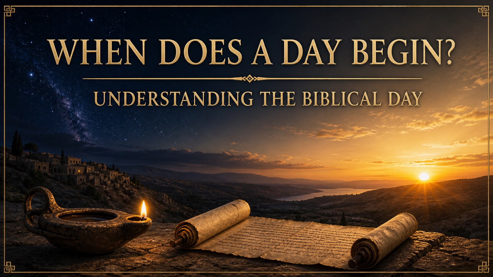 Night-to-dawn biblical landscape with an oil lamp and Scripture scroll