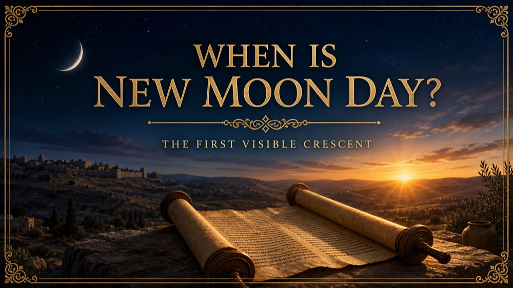 First visible crescent moon above an open Scripture scroll at dawn