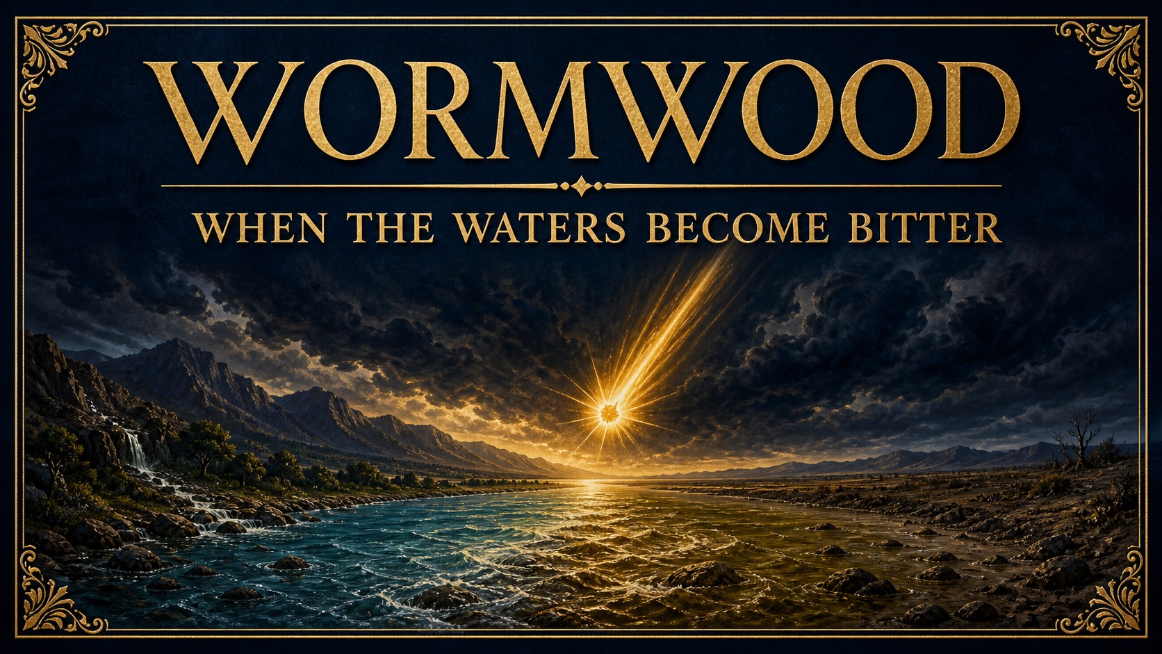 A falling star strikes a river as its waters turn bitter, framed in navy and gold.