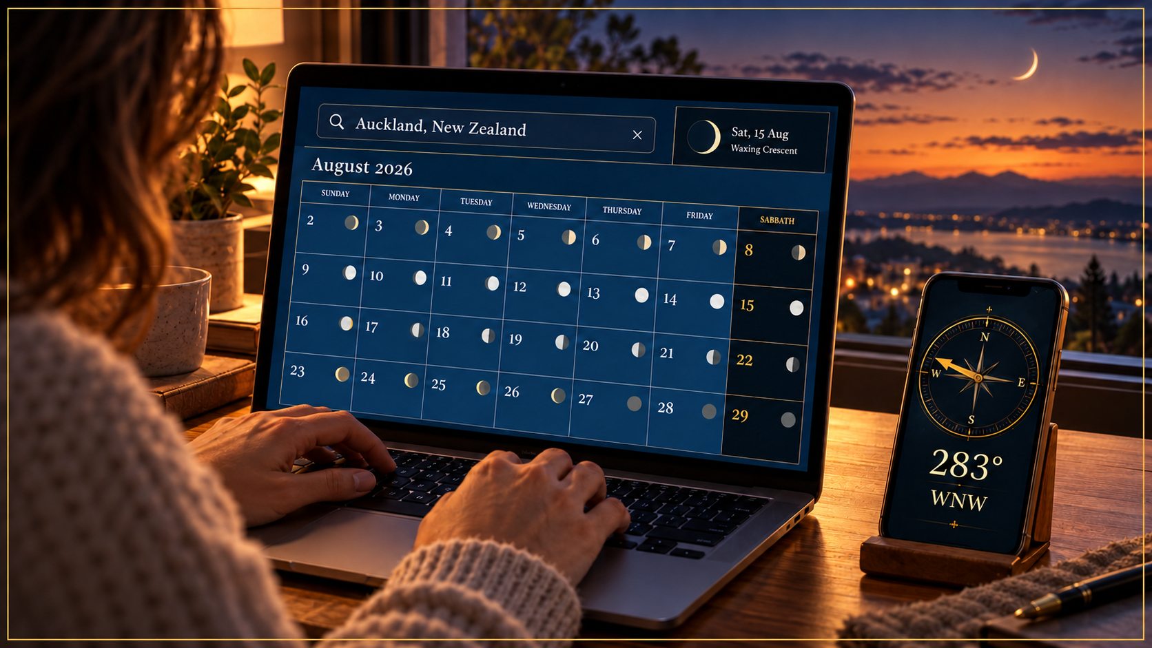 A person entering Auckland, New Zealand into Your Calendar, with a local lunar calendar and a phone showing the crescent direction.